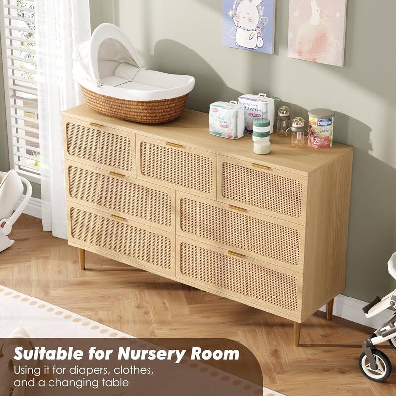 Rattan 7 Drawer Dressers TV Stand for Bedroom Living Room