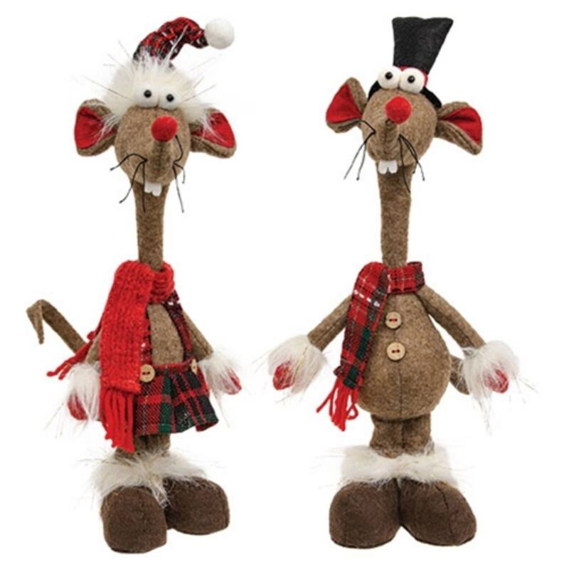 17.75" Christmas Plaid Plush Standing Mouse Figures for Holiday Decor Festive Accents 2 Asstd. - 17.75" H x 4.5" W