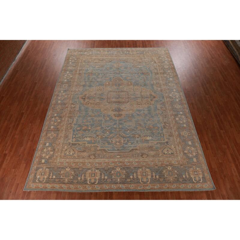 Hand Knotted Oriental 100% Wool Carpet Transitional Medallion Navy Blue & Blues Oushak Area Rug - 13' 11'' X 10' 4''