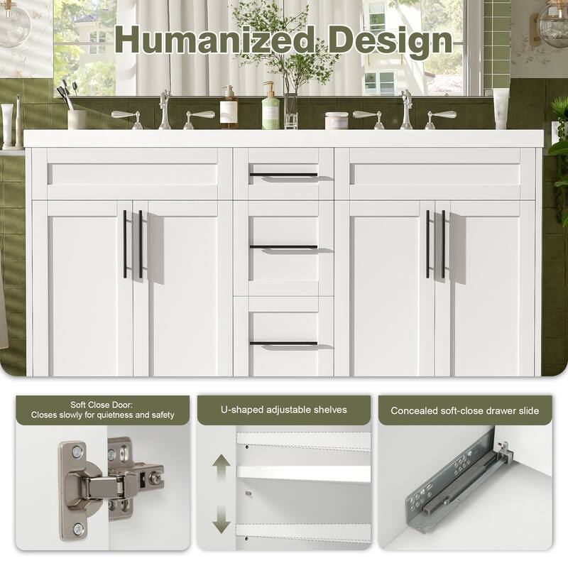 59" Double Sink Bathroom Vanity with SMC Top, Solid Wood Frame & Soft Close Doors, Gray Storage Cabinet