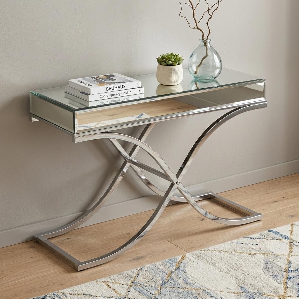 HomeRoots 42" Silver Mirrored Glass and Metal Cross Leg Console Table - 42.25 in. x 29.00 in. x 16.50 in.