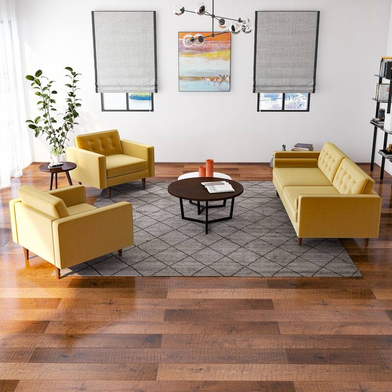 Mase 3-Piece Mid-Century Velvet Sofa and 2 Lounge Chairs Set in Gray