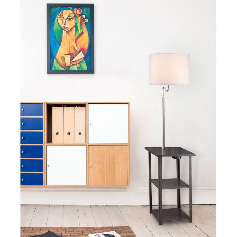 58" Squared Sofa Side Shelves Table Lamp w/ Power Station - Brown Mix - Brown Mix