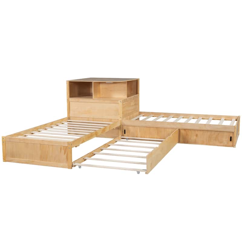 Twin Size L-shaped Bed Frame with Trundle Bed and Storage Cabinets, Desk, Lighting, Corner Platform Storage Bed Frame