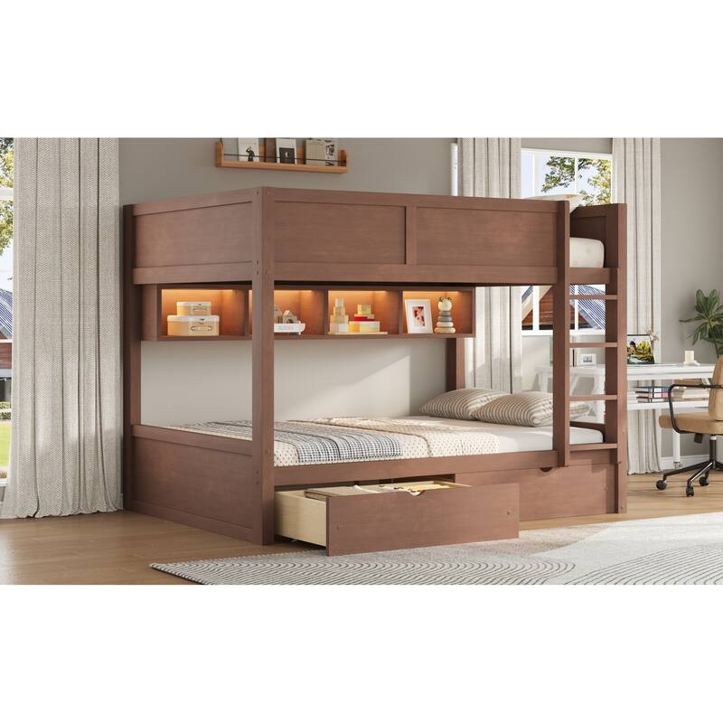 Roomfitters Full XL Over Full XL Bunk Bed with Storage Cabinets, LED Light and Drawers