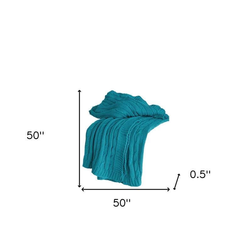 HomeRoots 50" X 60" Teal Blue Cotton Cable Knitted Striped Throw Blanket