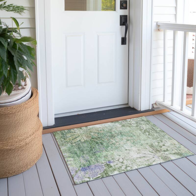 Machine Washable Indoor/ Outdoor Modern Floral Chantille Rug - Teal - 1'8" x 2'6"