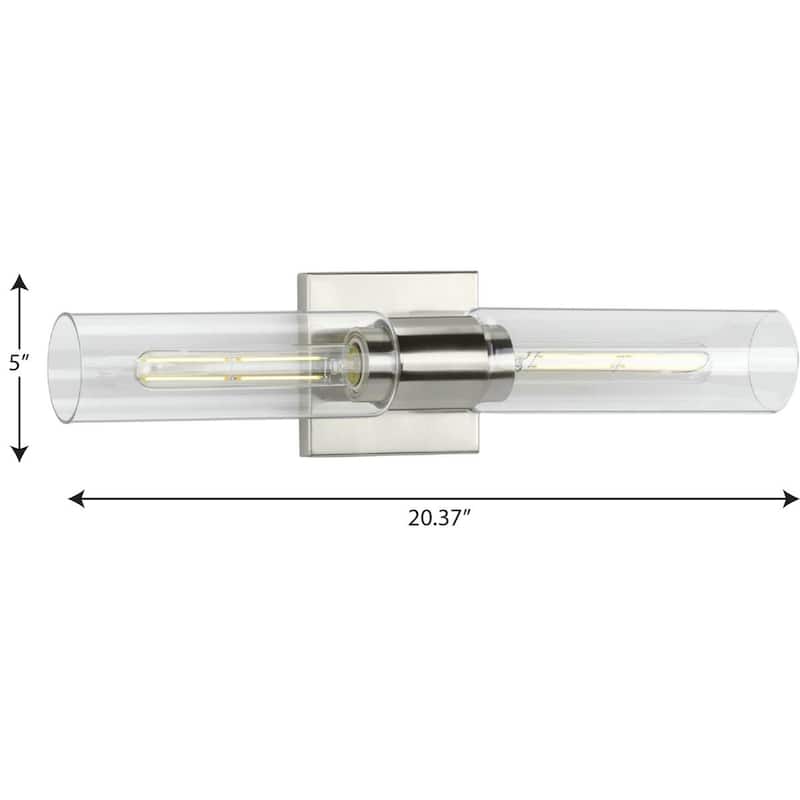 Clarion Collection Two-Light Brushed Nickel and Clear Glass Modern Style Bath Vanity Wall Light - 20.37 in x 4 in x 5 in