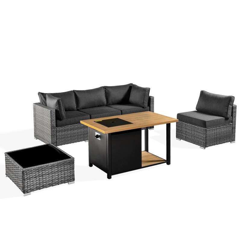 HOOOWOOO 4 Seater Grey Rattan Outdoor Furniture Fire Pit Set
