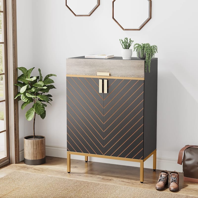 Modern Shoe Cabinet with Drawers, 4-Tier Shoe Rack Storage Organizer with Removable Shelves, Gray/Gold