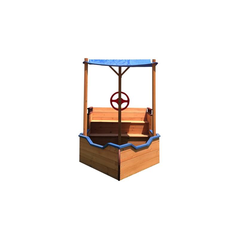Outsunny Pirate Ship Sandbox with Cover and Rudder, Wooden Sandbox with Storage Bench and Seat, Outdoor Toy for 3-8 Years Old