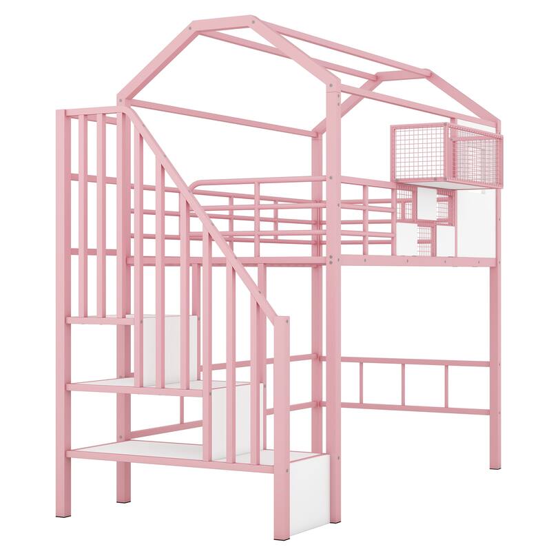 Metal Loft Bed with Roof Design and a Storrage Box