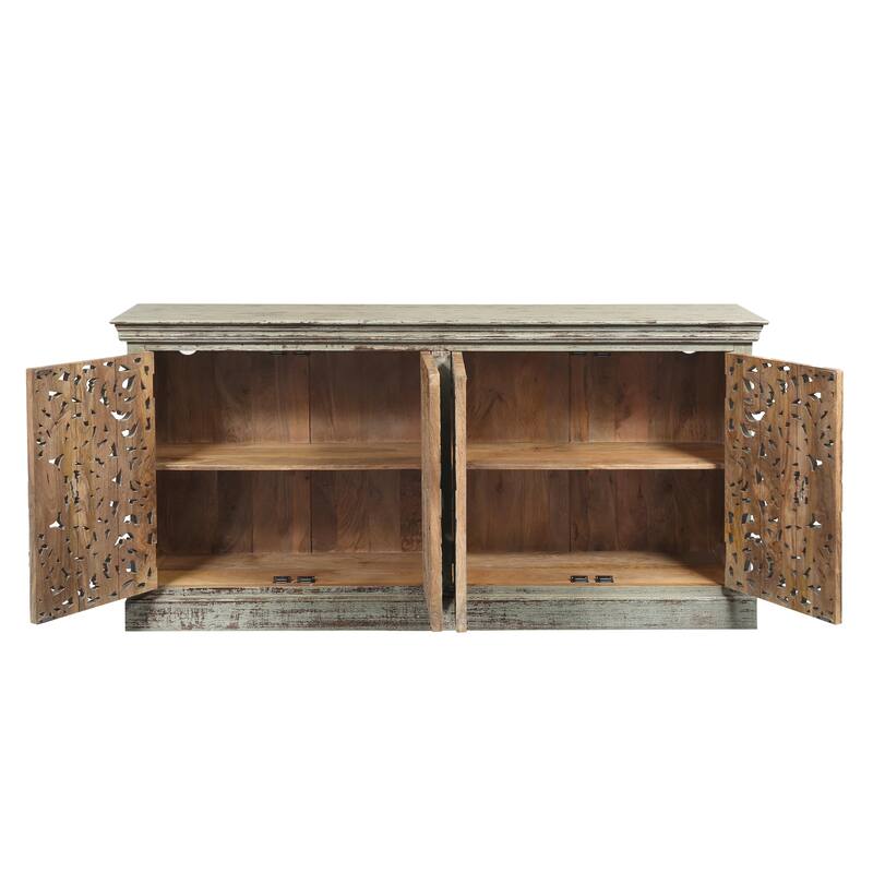 71" Distressed Cream 4 Door Solid Wood Media Credenza_Sideboard