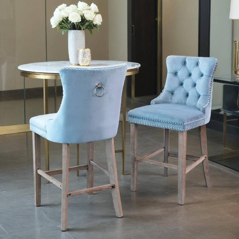 Velvet Upholstered Barstools with Button Tufted Decoration and Wooden Legs, and Chrome Nailhead Trim, Leisure Style Bar Chairs - Light Blue