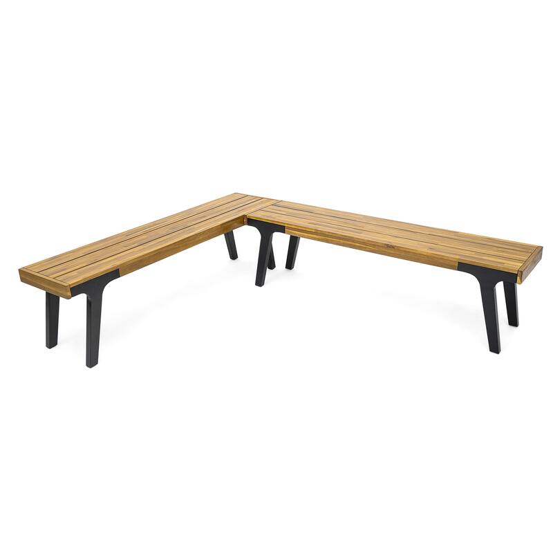 Roomfitters Outdoor Benches Set of 2, Acacia Wood Seats with Black Metal Legs, Patio or Garden Dining Benches