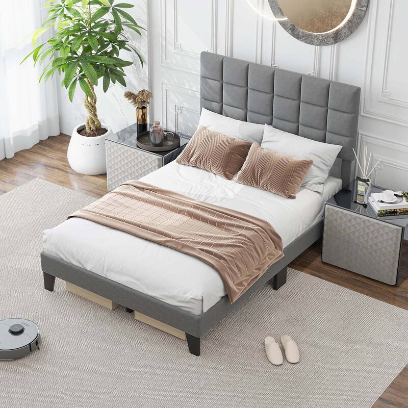 Costway Full/Queen/King Size Bed Frame Modern Linen Fabric Upholstered