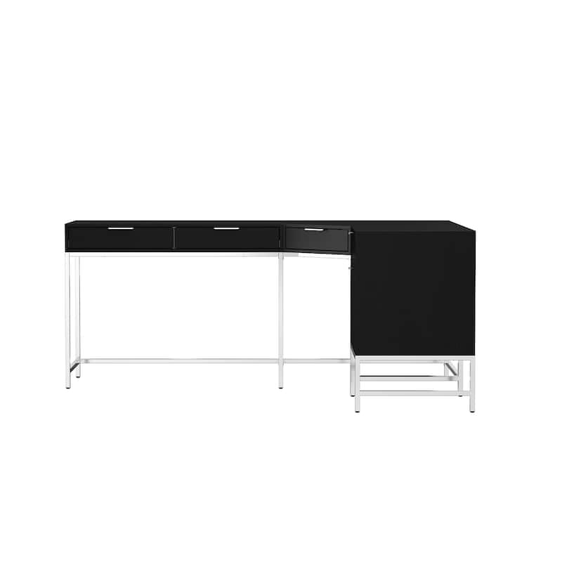L-Shaped Black Wood Grain Office Desk with Drawers,Steel Frame, Modern Executive Workstation