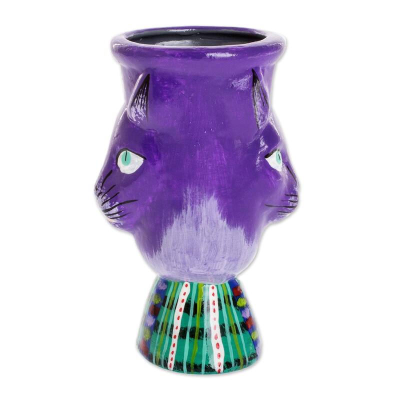 Novica Handmade Top Cat In Purple Ceramic Flower Pot