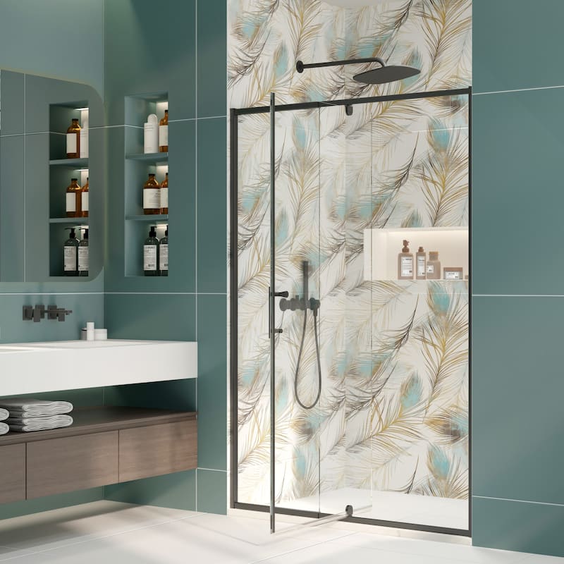 Modland 44-48 Inch Adjustable Pivot Shower Door - Magnetic Seal, 1/4" Tempered Glass, Reversible Black/Chrome - 48 x 71