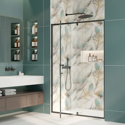 Modland 44-48 Inch Adjustable Pivot Shower Door - Magnetic Seal, 1/4" Tempered Glass, Reversible Black/Chrome - 48 x 71