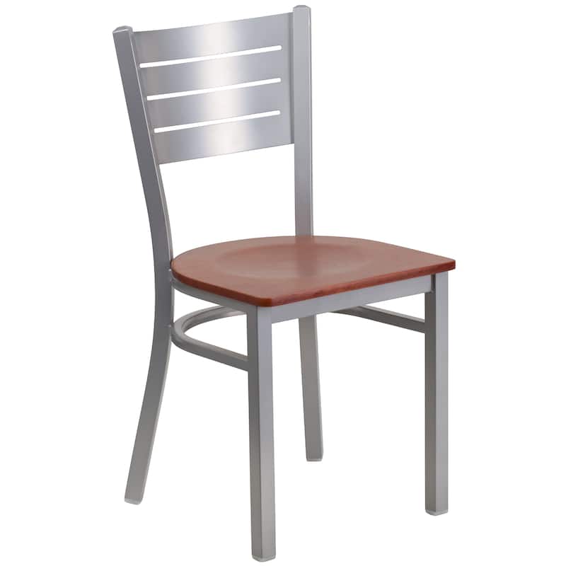 Slat Back Metal Restaurant Chair - 16.5"W x 19"D x 33.5"H - cherry wood seat/silver frame