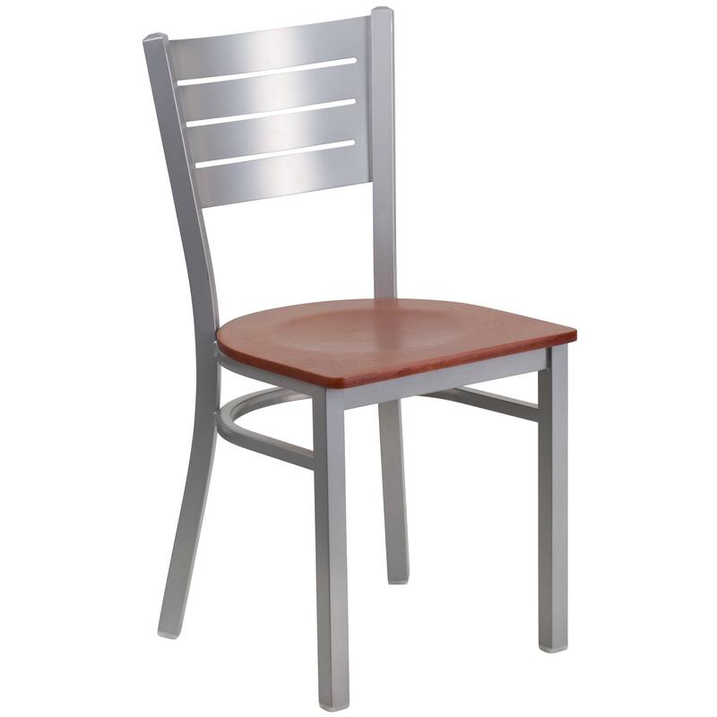Slat Back Metal Restaurant Chair - 16.5"W x 19"D x 33.5"H - Cherry Wood Seat/Silver Frame