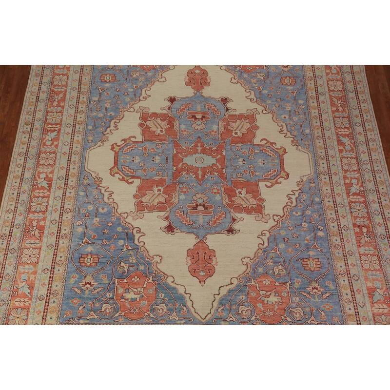 Vegetable Dye Heriz Serapi Oriental Rug Hand-Knotted Beige Wool Carpet - 10'1"x 12'8"