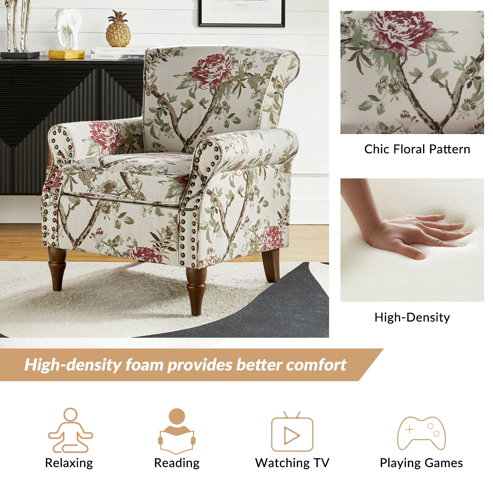 Avelina Nailhead Trim Comfy Accent Armchair with Rolled Arms On