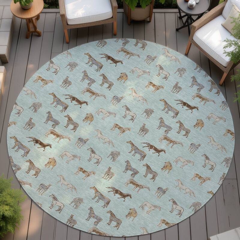 Machine Washable Indoor/ Outdoor Horses Chantille Rug - Mint - 8' x 8'