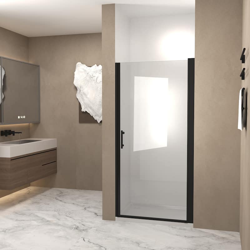 Framed Pivot Shower Door in Matte Black with Stainless Steel Handle