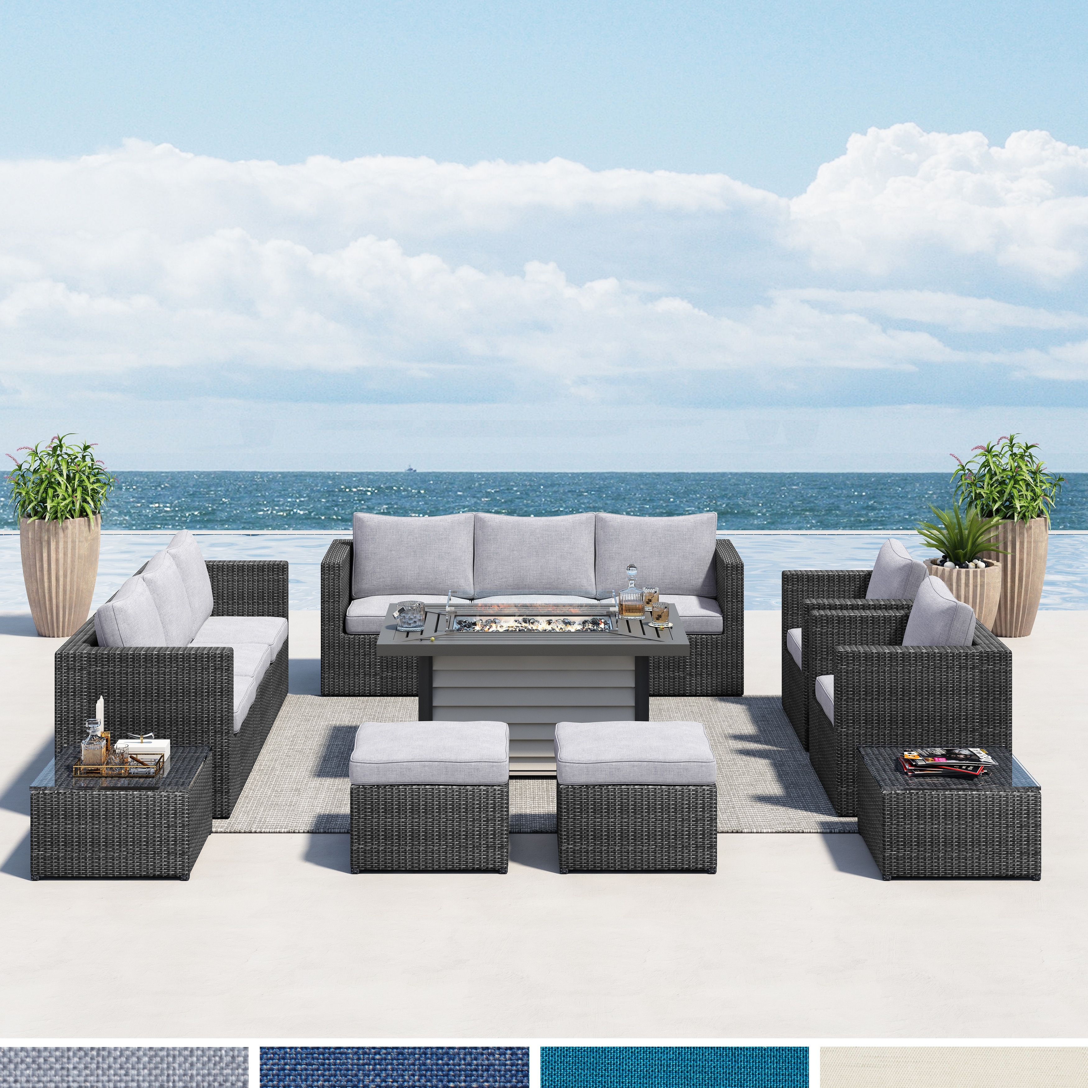Corvus Trey 13 piece Woven Wicker Sectional Patio Furniture Set with Fire Table On Sale Bed Bath Beyond 31269383