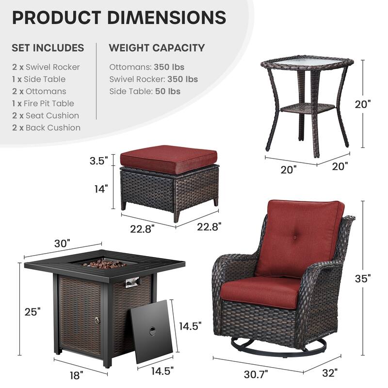 Gymojoy 6-Piece Fire Pit Set with Swivel Chairs, Ottomans & Side Table for Patio, Backyard, Deck