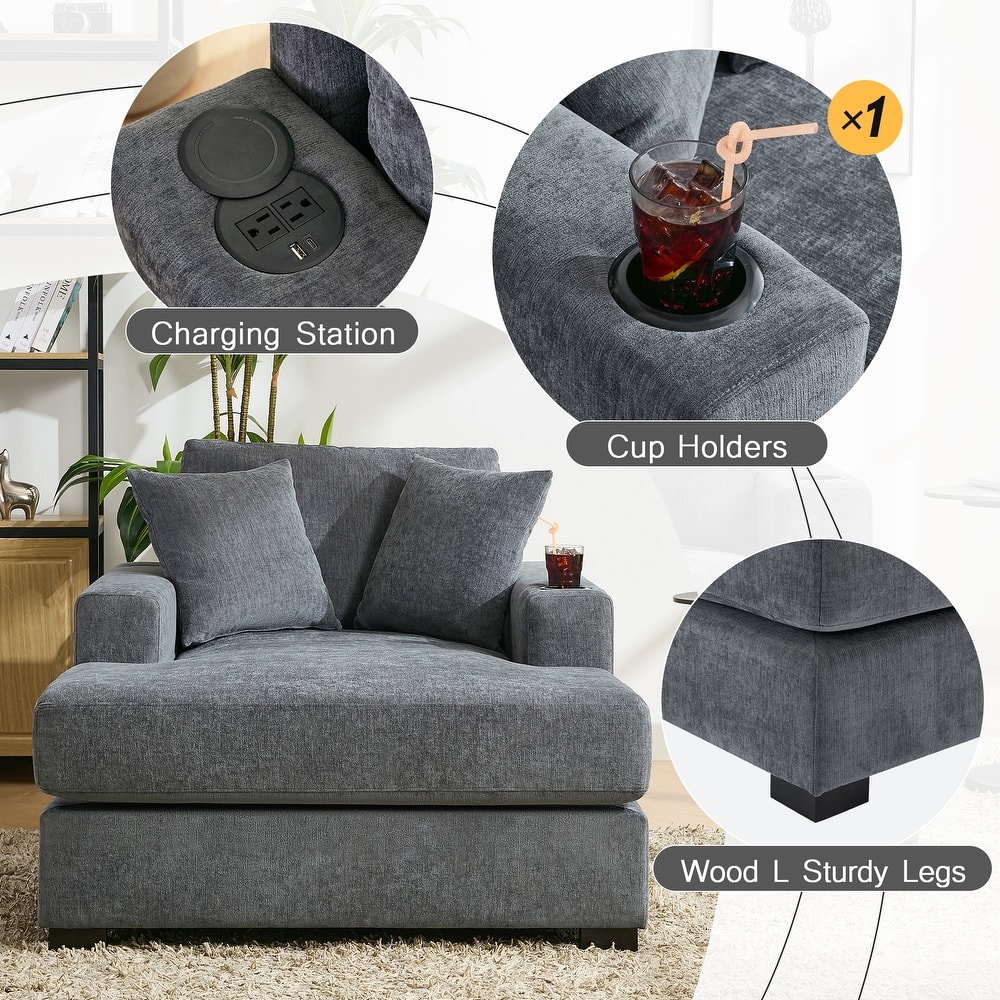 Chenille Fabric Chaise Lounges Couch with Pillows Charge Station and Cup Holders Lounge Chair Oversized Single Sofa Accent Chair
