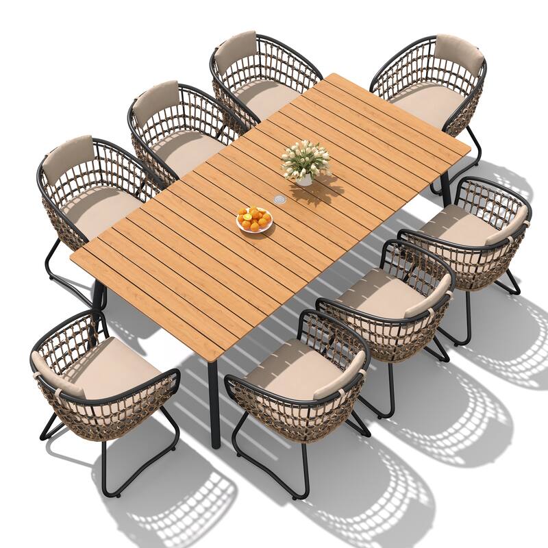 7-Piece Set Outdoor Patio Aluminum Dining Table and PE Rattan Wicker Dining Chairs