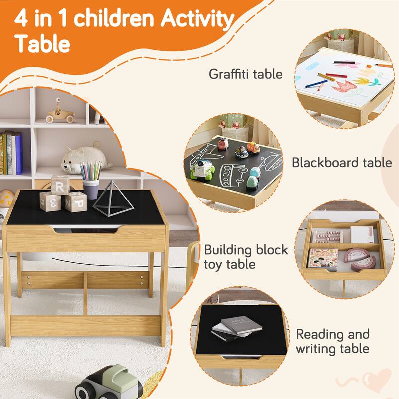 3-in-1 Kids Activity Table Set with Chairs Dual-Sided Whiteboard and Chalkboard for Play - Table-23.62”L x 23.62”W x 18.9”H