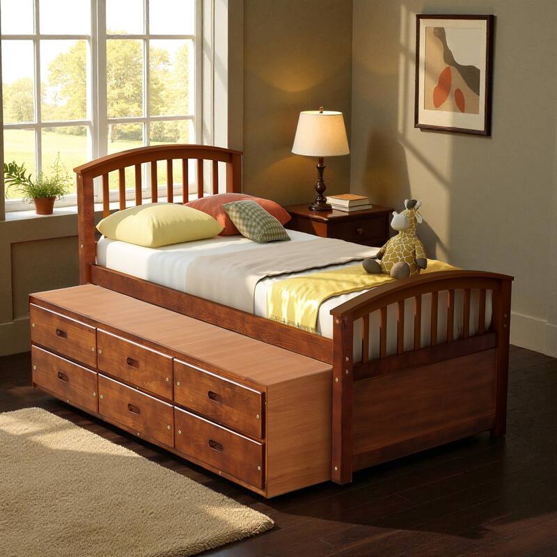 Twin Size Solid Wood Platform Bed with 6 Storage Drawers, Pine Wood Frame with Slats, No Box Spring Needed