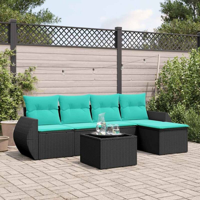 vidaXL Patio Sofa Set with Cushions Outdoor Conversation Furniture Poly Rattan - 21.7 x 24.4 x 27.2 - Black and Blue-With table