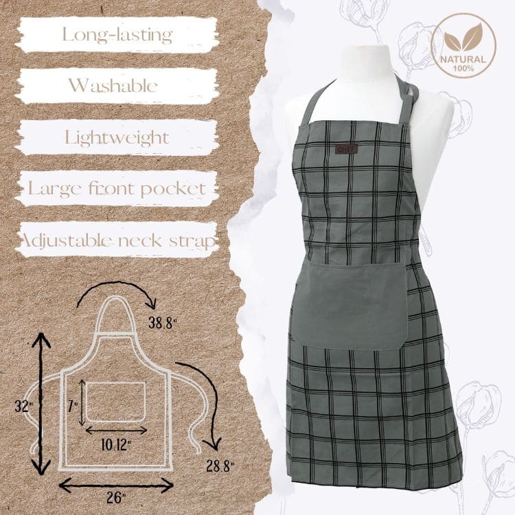 Chef's Choice Cotton Cooking Apron - 32x26 Inch - Classic Plaid Design for Modern Kitchen - 32"L x 26"W x 0.1"H