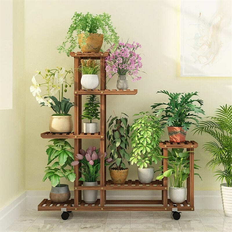6 Tiered Wooden Plant Stand with Wheels Flowers Shelf Rolling Storage Rack
