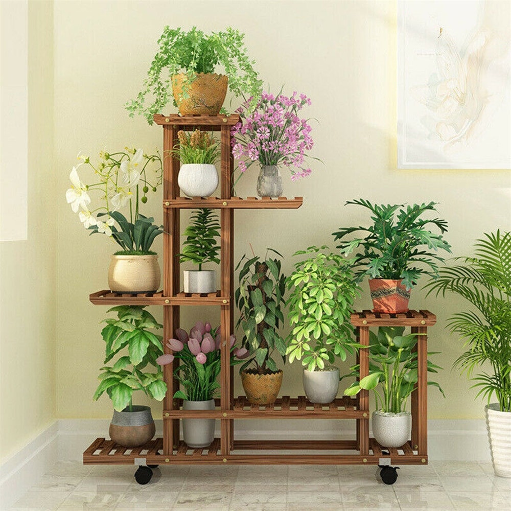 6 Tiered Wooden Plant Stand with Wheels Flowers Shelf Rolling Storage Rack