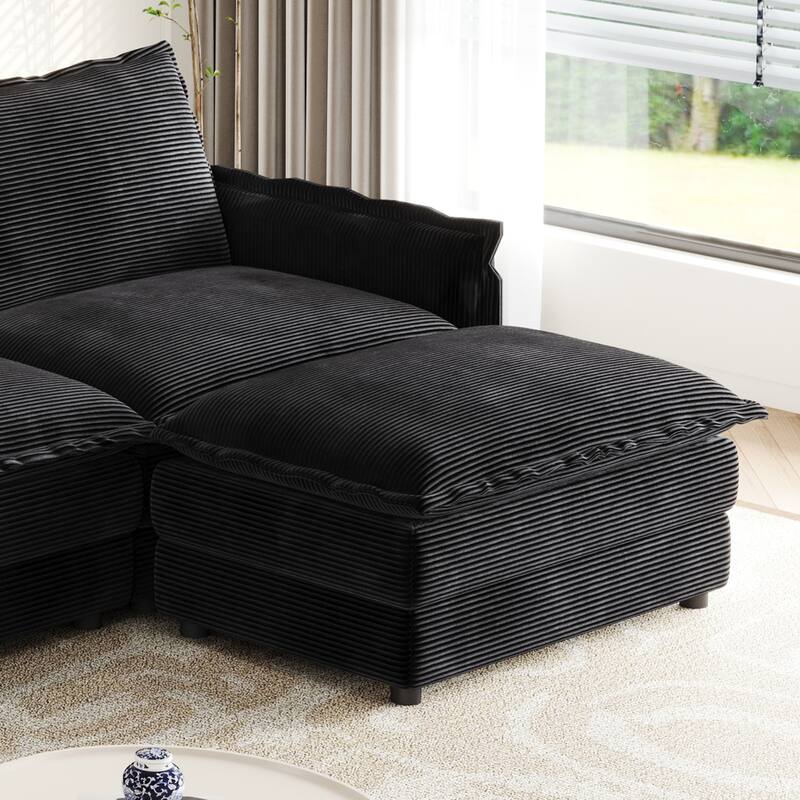 4-Seater Couch with 2 Ottomans, Corduroy Upholstered Cloud Sectional Deep Seat Sleeper Sofa U-Shaped Modular Couch