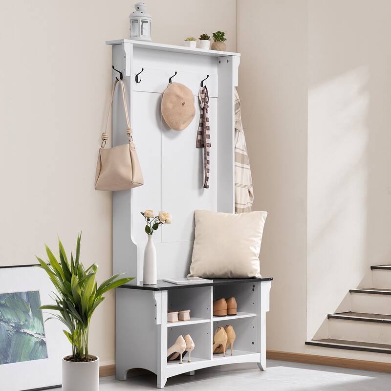 Hall Tree Entryway Bench with Shoe Storage and Coat Hooks 32 Inch Wide - 2.68 x 1.31 x 5.64 ft