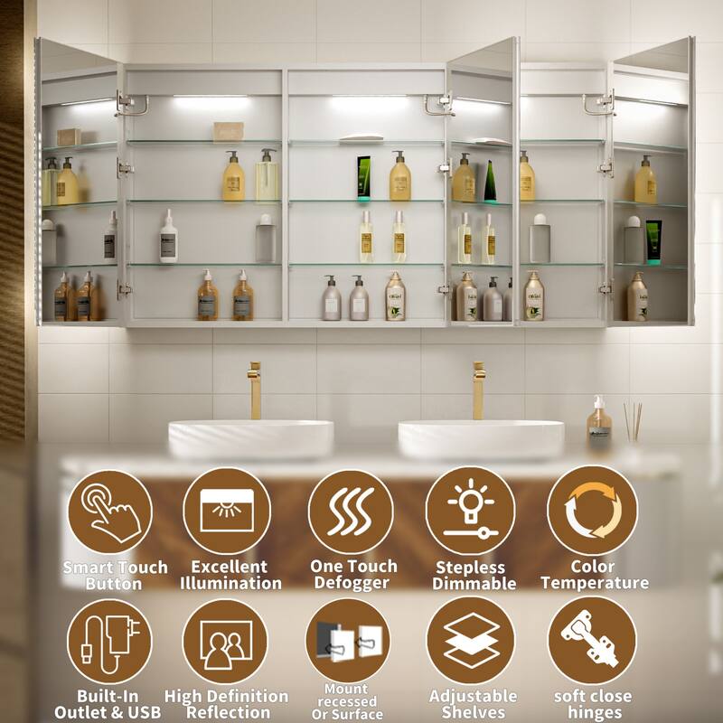 Modland 48-60" Extra Wide LED Medicine Cabinet - Dimmable Tri-Color Lighting,Defogger & GFCI Outlet