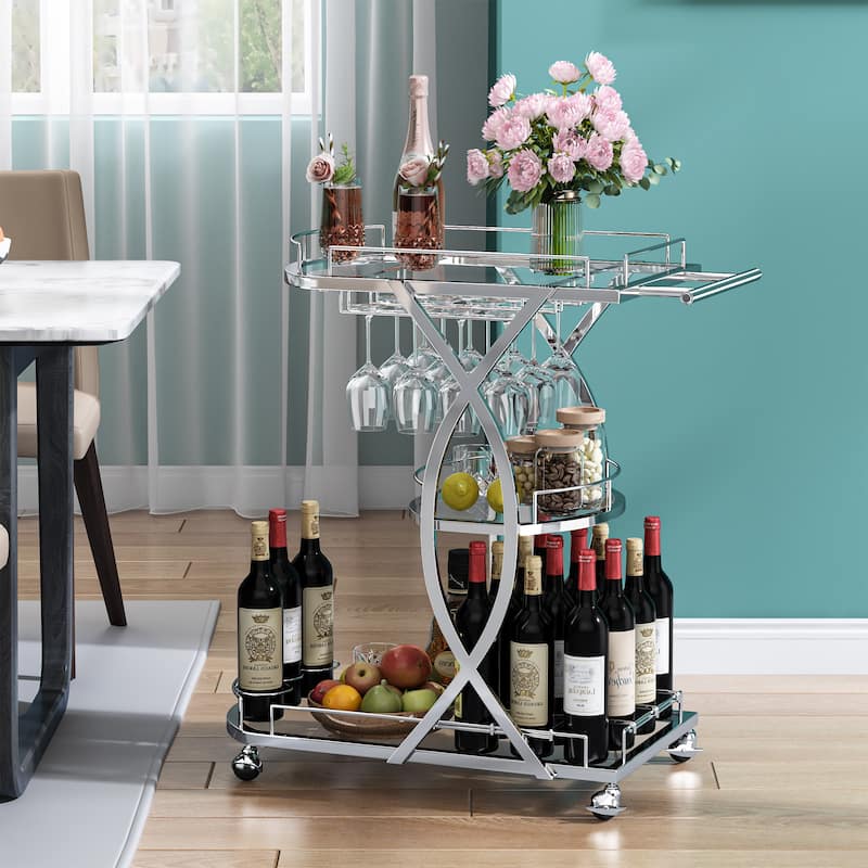 Myhozm Metal Glam Bar Cart with Glass Shelves and Wine Rack