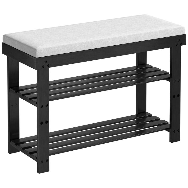 Bamboo Shoe Bench, 3-Tier Shoe Rack, Entryway Bench with Cushion and Adjustable Shelves