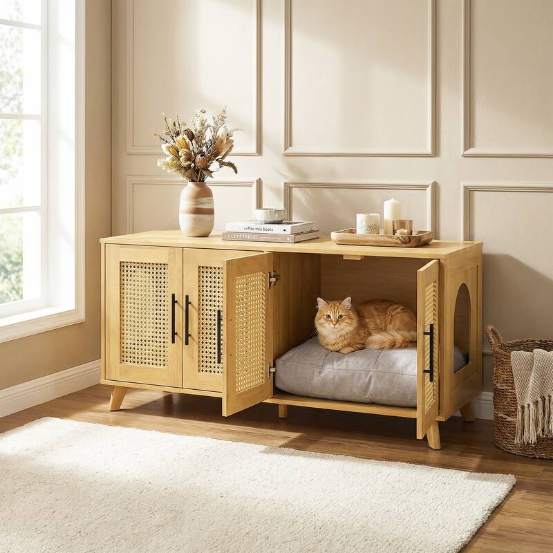 Christopher Knight Home - 47"W Rubber Wood Cat Cabinet with Rattan Doors & Cushion
