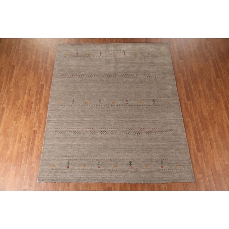 Beige Tribal Gabbeh Area Rug Hand-Knotted Wool Carpet - 8'3"x 9'10"