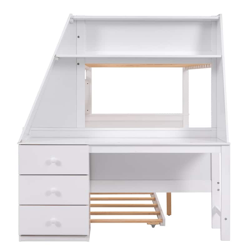 Twin over Full Bunk Bed w/Trundle & Desk, Three Storage Drawers, Shelf
