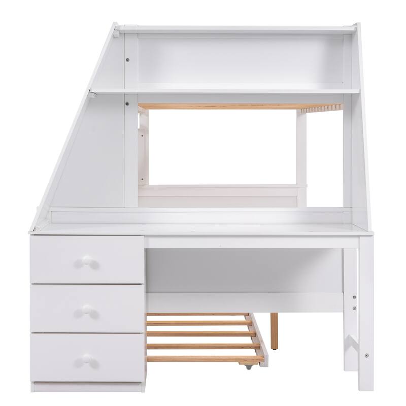 Twin over Full Bunk Bed with Trundle, Built-in Desk, Storage Drawers, and Shelf, White