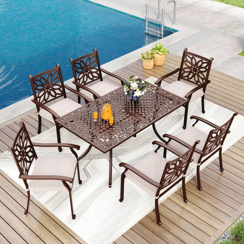 MAISON ARTS 7-Piece Cast Aluminum Patio Dining Set with Rectangle Dining Table & 6 Cast Aluminum Patio Chairs - Fixed Chairs